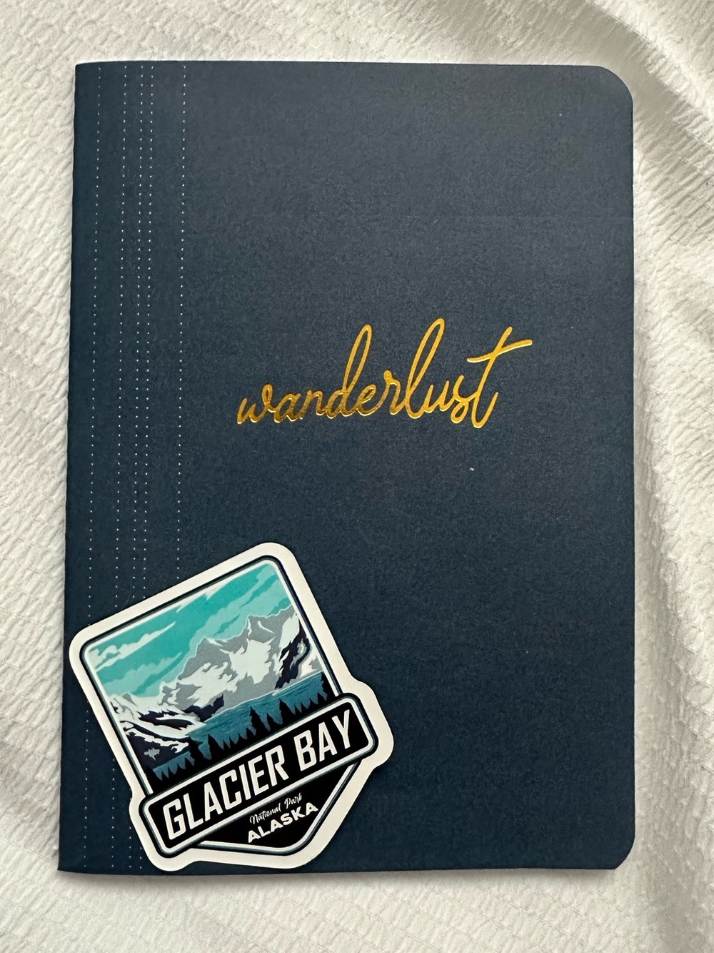 Wanderlust Navy Notebook with Gold Foil Script | Glacier Bay Sticker Included